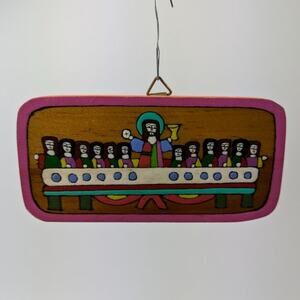 Vtg Wooden Last Supper Christmas Ornament Religious Decor El Salvador Handmade
